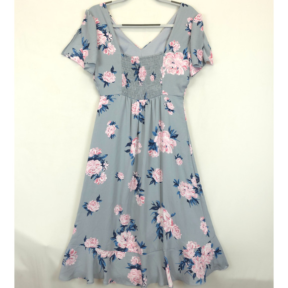 Candie's Dresses & Skirts - Candies Ruffled Midi Dress Babydoll Lined High Low Women S Gray Pink Floral
